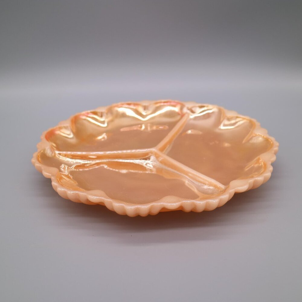 Vintage Anchor Hocking Fire King Peach Lustre Divided Relish Tray Dish Scallope